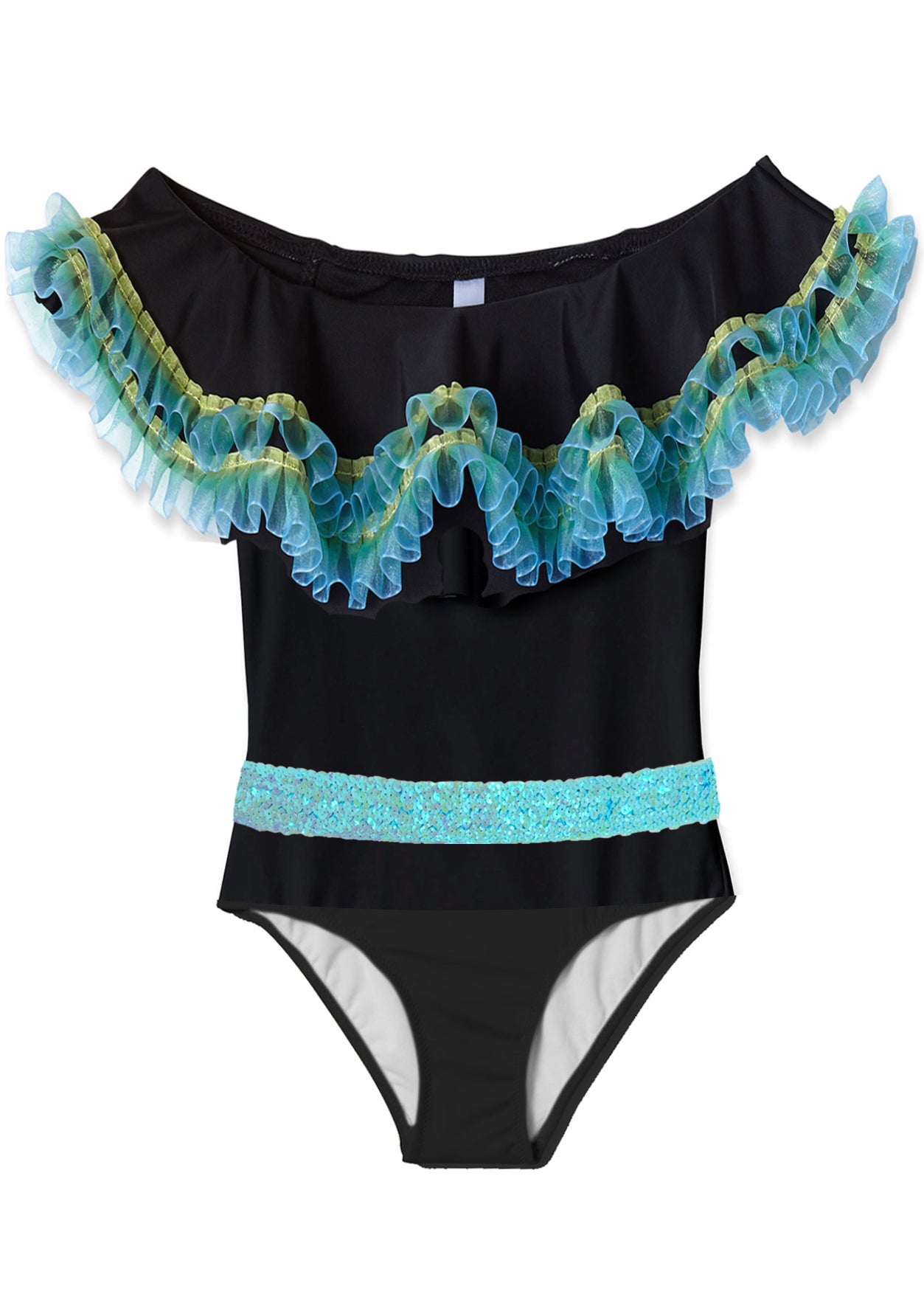 Black Anemone Fringe One Shoulder Bikini with Aqua Sequin Belt