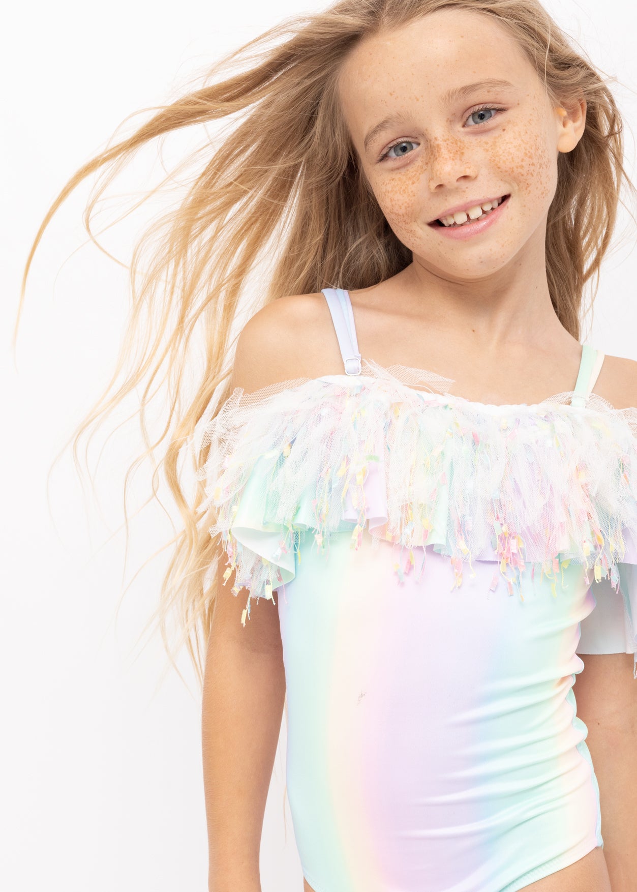 Rainbow Swimsuit for Girls with Confetti Tulle – Stella Cove