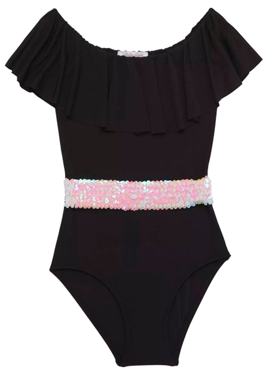 Black Ruffle Swimsuit with Sequin Belt