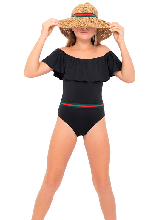 black swimsuit with belt for girl