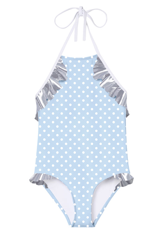 blue polka dot swimsuit for girls