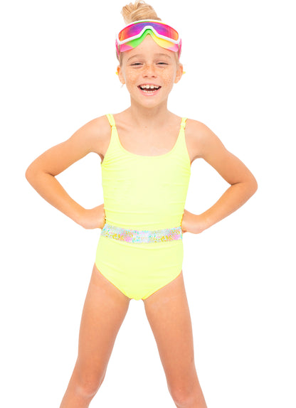 neon yellow swimsuit for tween girls